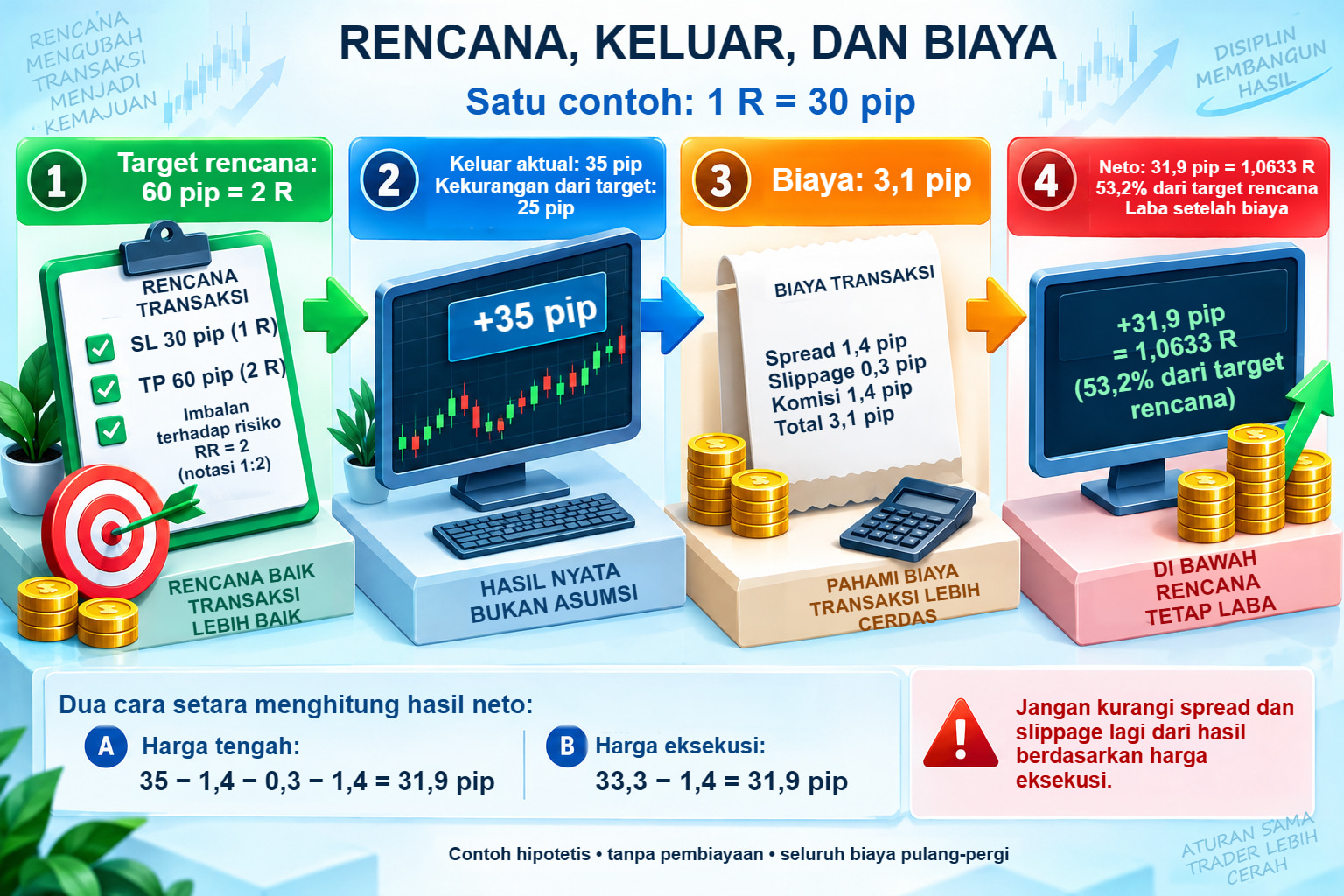 Empat tahap satu posisi: rencana 60 pip, keluar setelah 35, biaya 3,1, dan hasil neto 31,9 pip atau 1,0633 R.