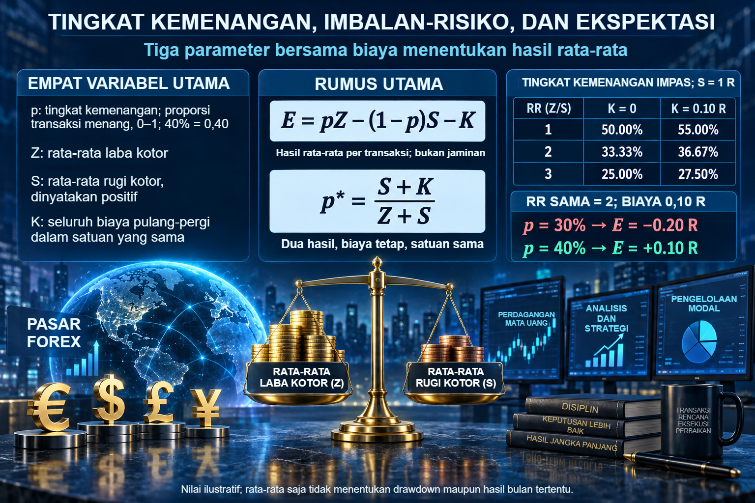 Definisi bergambar tingkat kemenangan, laba dan rugi rata-rata, serta biaya; tabel ambang untuk RR 1, 2, dan 3 dengan biaya nol atau 0,10 R.