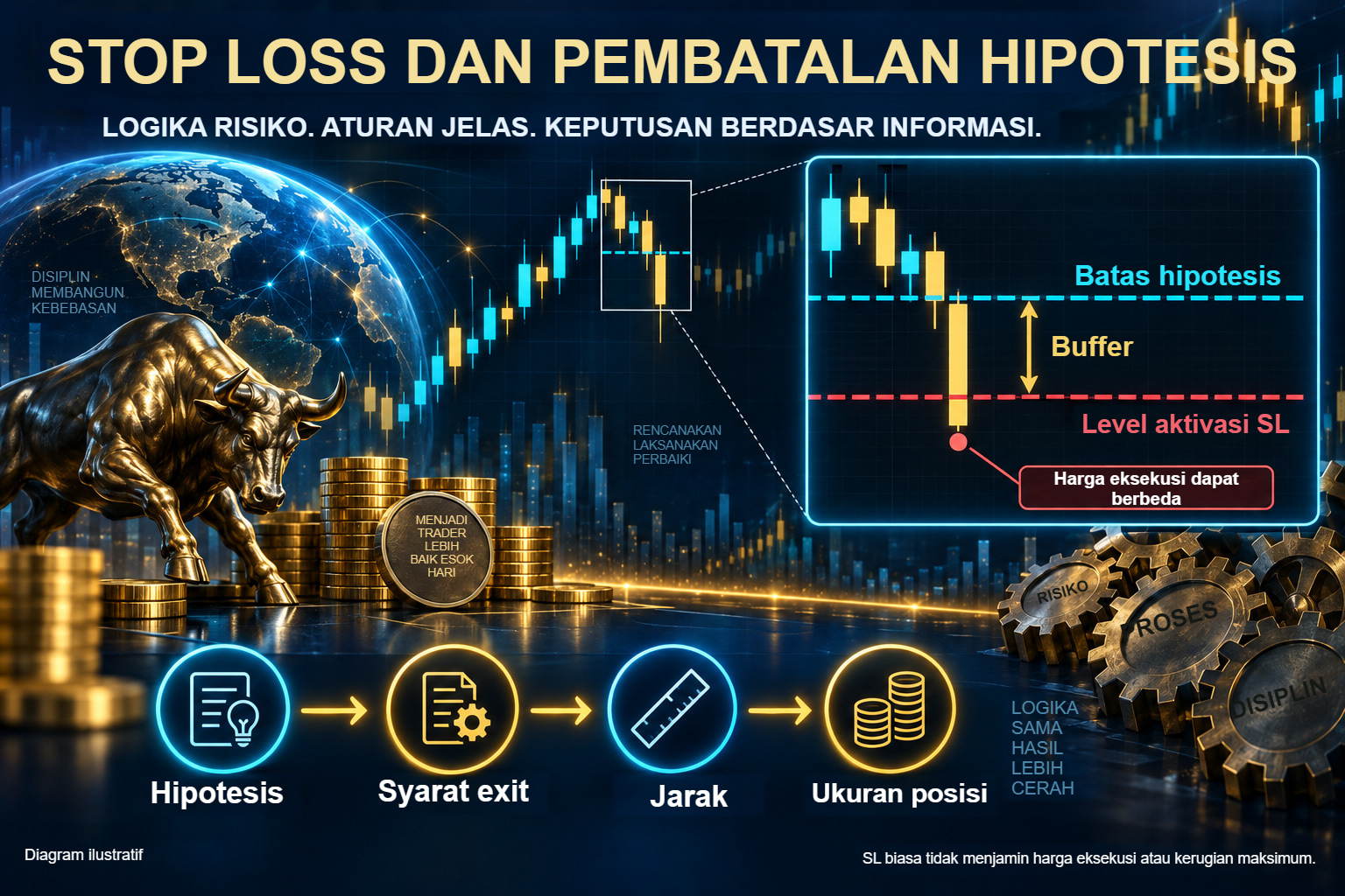 Diagram terperinci stop loss: batas hipotesis, buffer dan level pemicu yang lebih rendah, pembesaran contoh harga eksekusi berbeda, serta urutan dari hipotesis ke ukuran posisi.