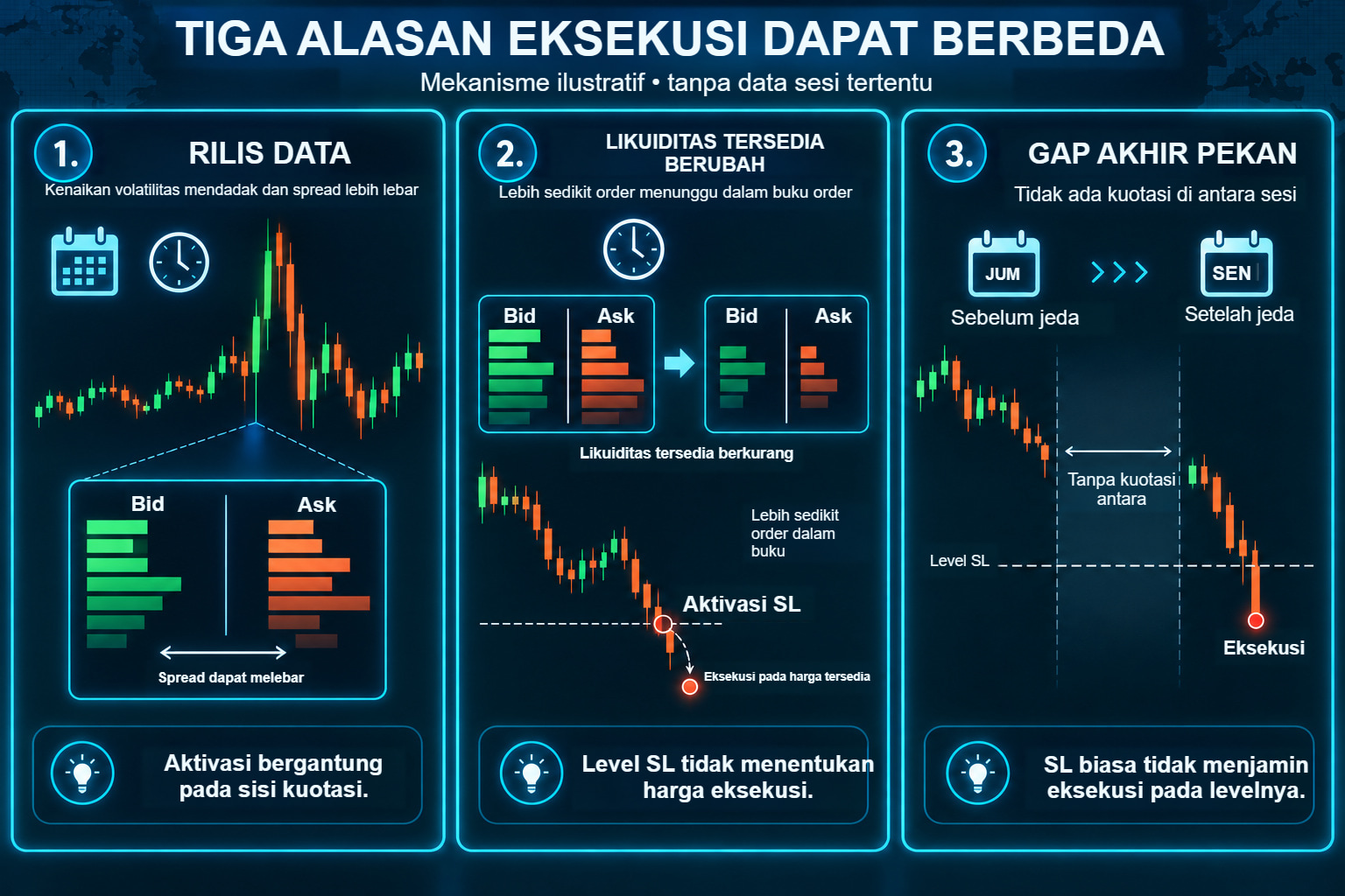 Tiga diagram terperinci eksekusi merugikan: spread lebih lebar di sekitar rilis, perubahan likuiditas tersedia, serta gap antara kuotasi terakhir sebelum jeda dan kuotasi pertama sesudahnya.
