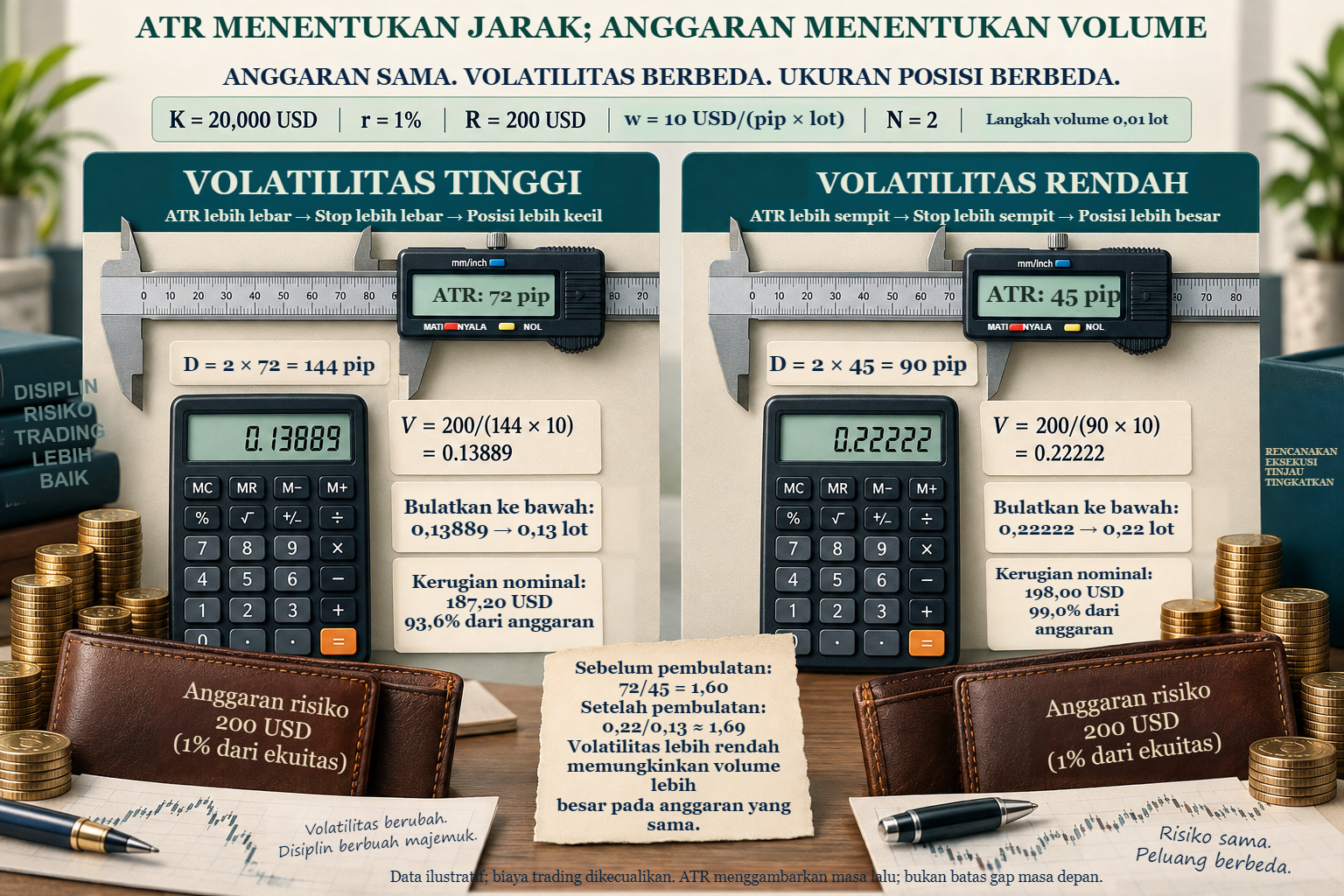Dua contoh ATR dengan anggaran USD 200: ATR 72 dan 45 pip memberi D 144 dan 90 pip, volume 0,13 dan 0,22 lot, serta kerugian USD 187,20 dan 198,00.