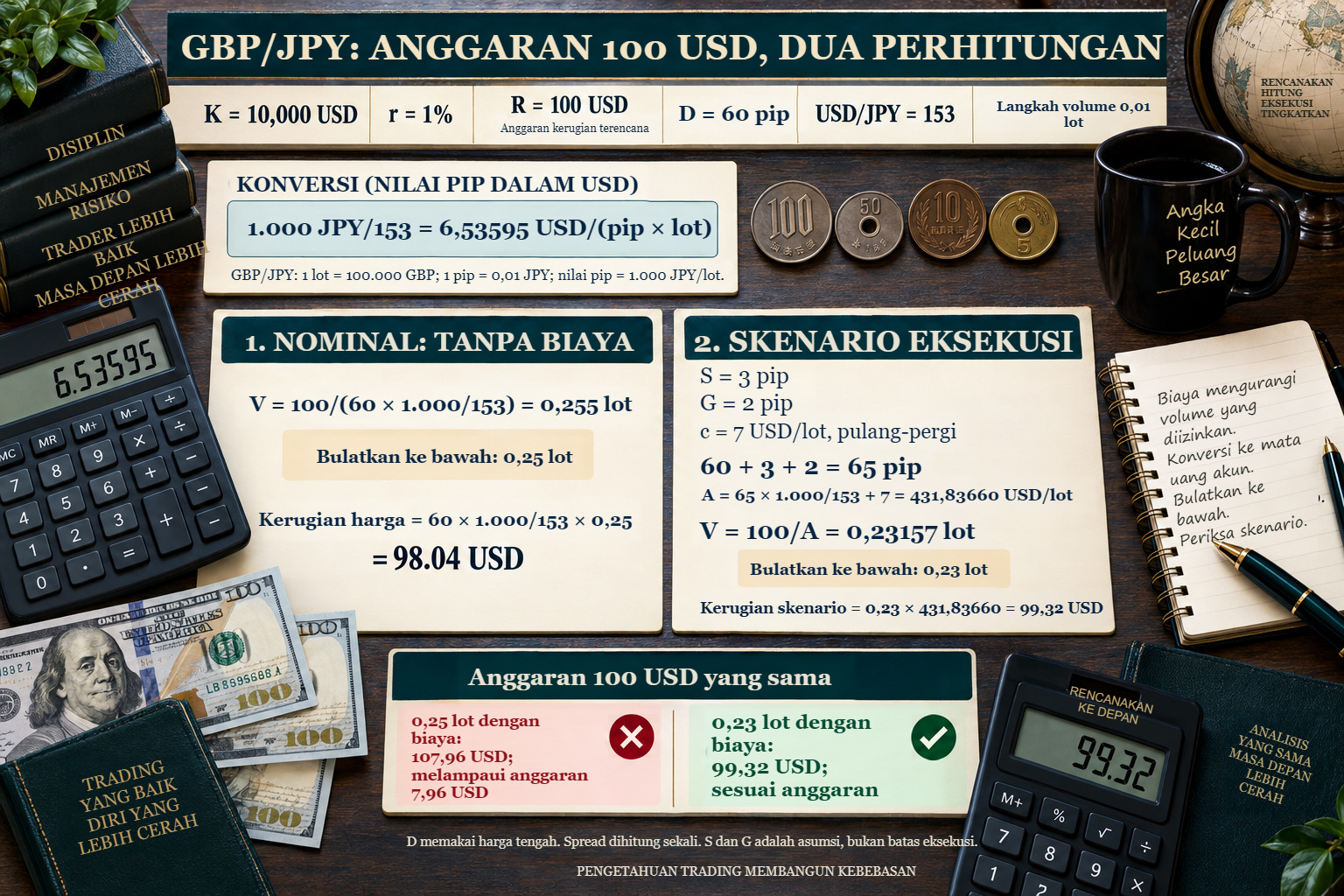 GBP/JPY pada akun USD: nominal 0,25 lot menghasilkan kerugian USD 107,96 setelah biaya; ukuran neto 0,23 lot menghasilkan USD 99,32 dengan anggaran USD 100.
