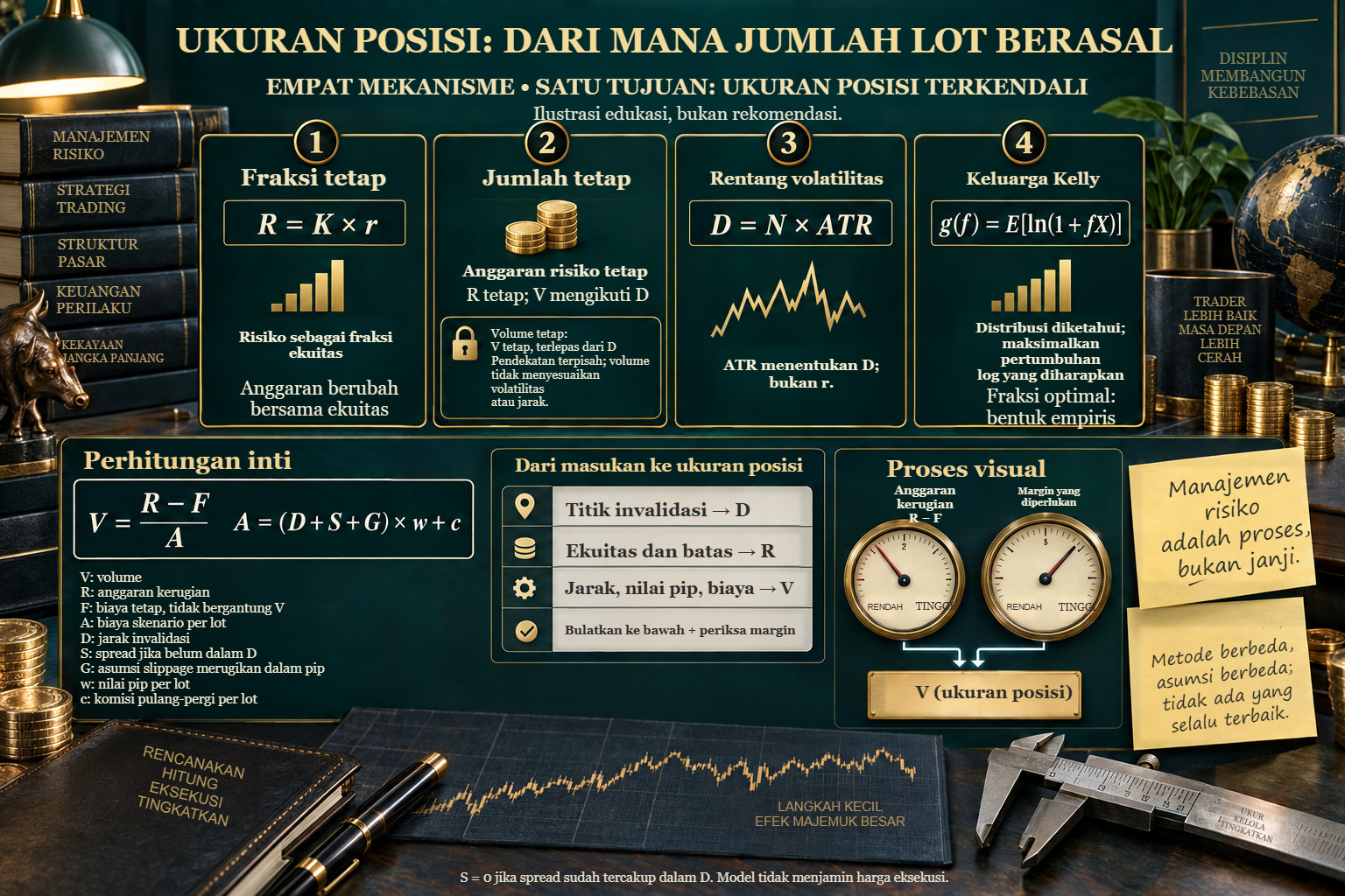 Ukuran posisi: fraksi tetap, jumlah tetap, rentang ATR dan keluarga Kelly, dengan pemeriksaan anggaran kerugian serta margin secara terpisah.