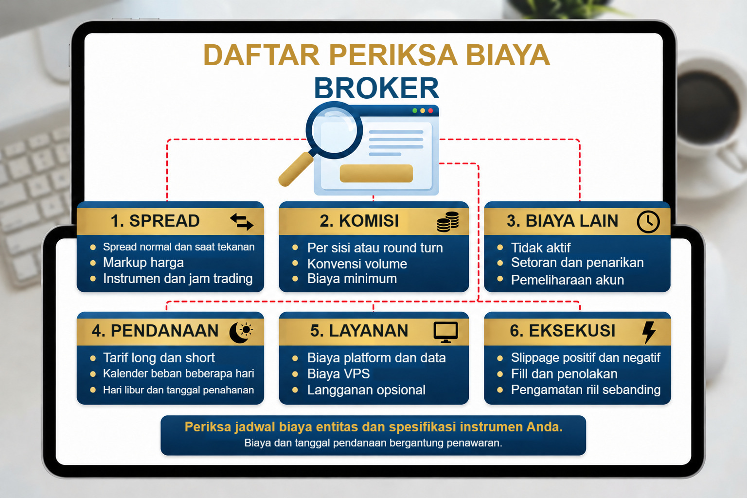 Daftar periksa untuk memverifikasi spread, komisi, pendanaan, konversi mata uang, biaya tidak aktif dan penarikan.