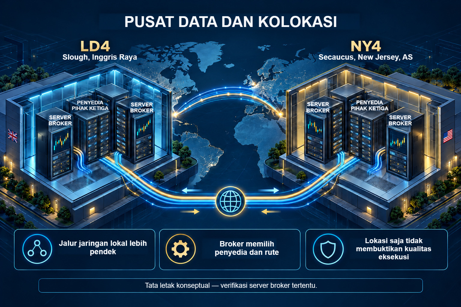 Diagram kolokasi LD4 di Slough dan NY4 di Secaucus dengan rak server dan cross connect lokal