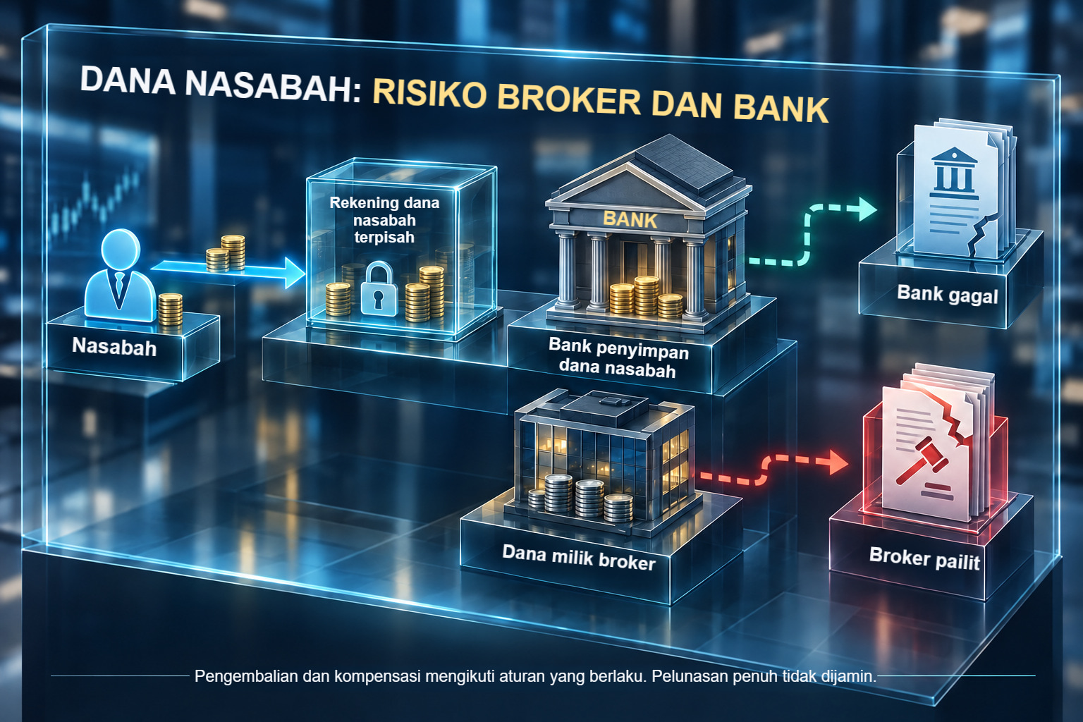 Diagram alur yang memisahkan dana klien di rekening bank terlindungi dari dana broker sendiri
