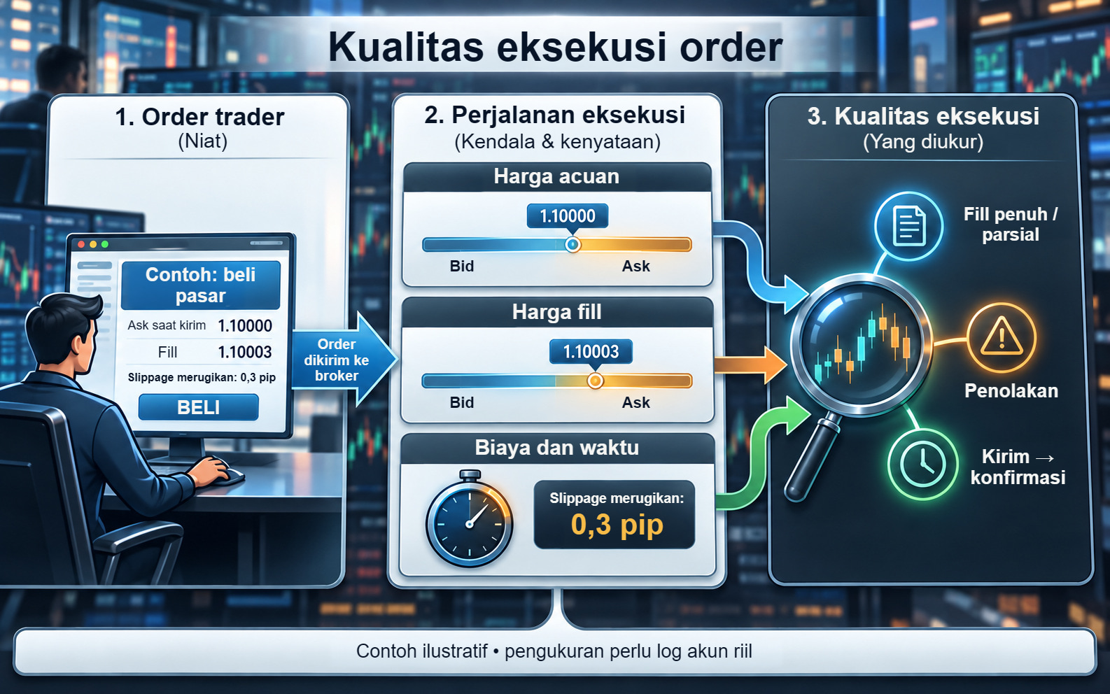Area kerja trader dan contoh beli pasar: Ask 1,10000, fill 1,10003, serta slippage merugikan 0,3 pip.