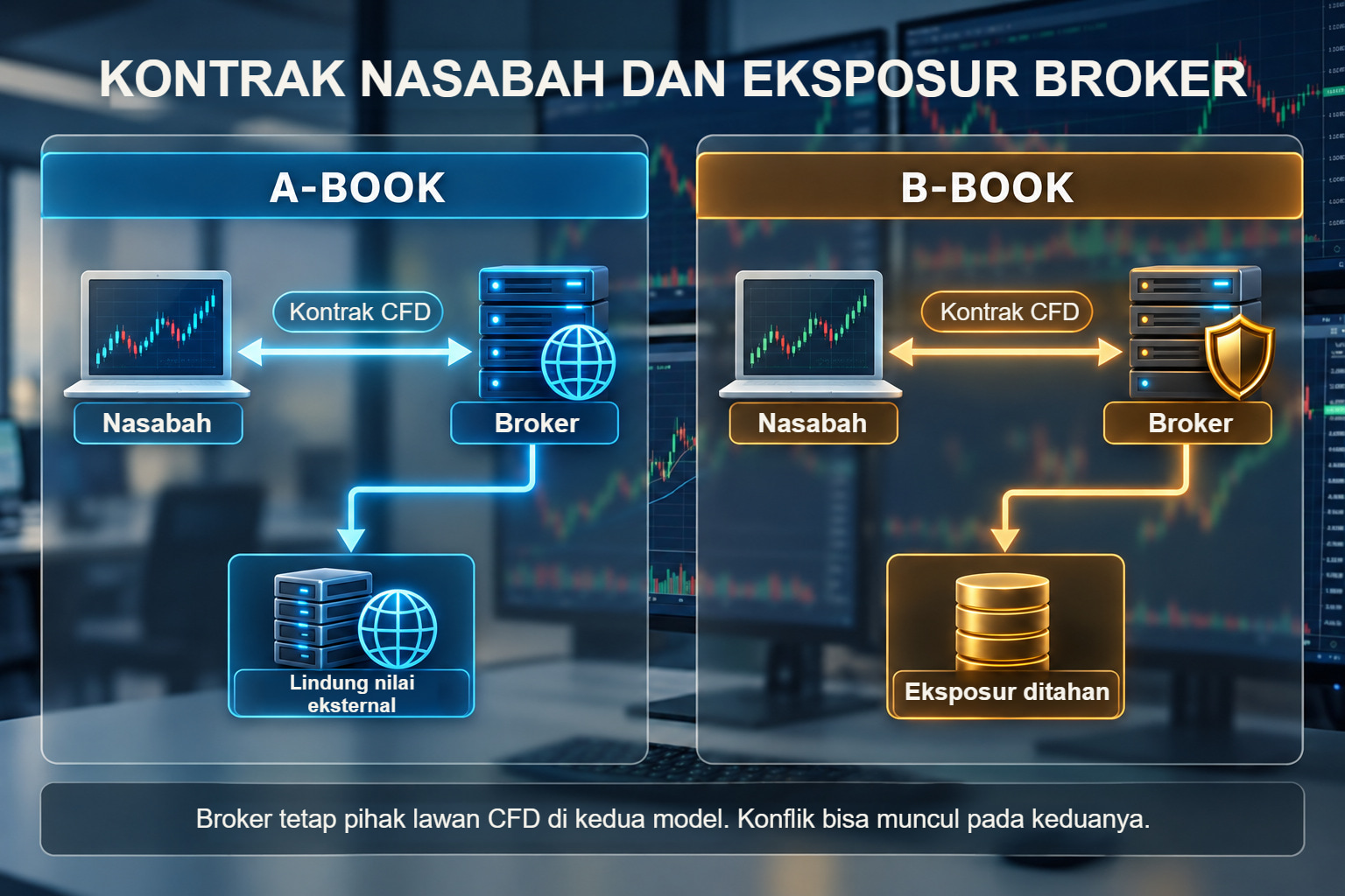 Kontrak CFD nasabah dengan broker dan pengelolaan eksposur broker yang terpisah.