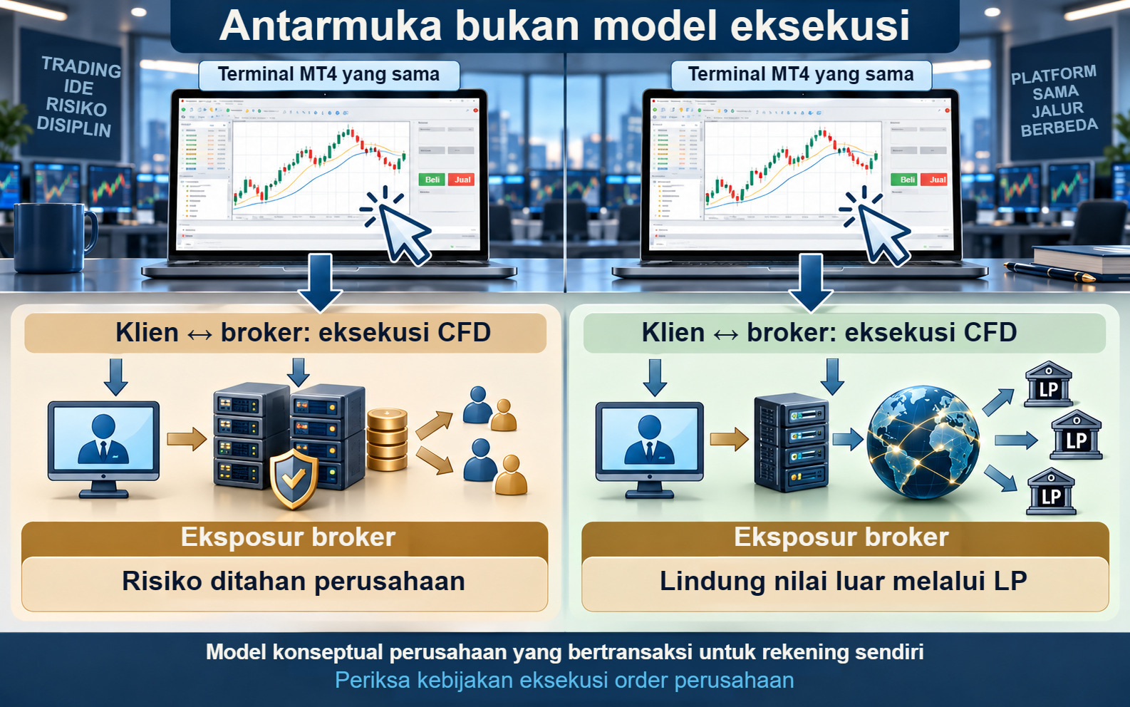 Dua terminal MT4 identik dengan lapisan terpisah untuk eksekusi CFD dan pengelolaan eksposur broker.