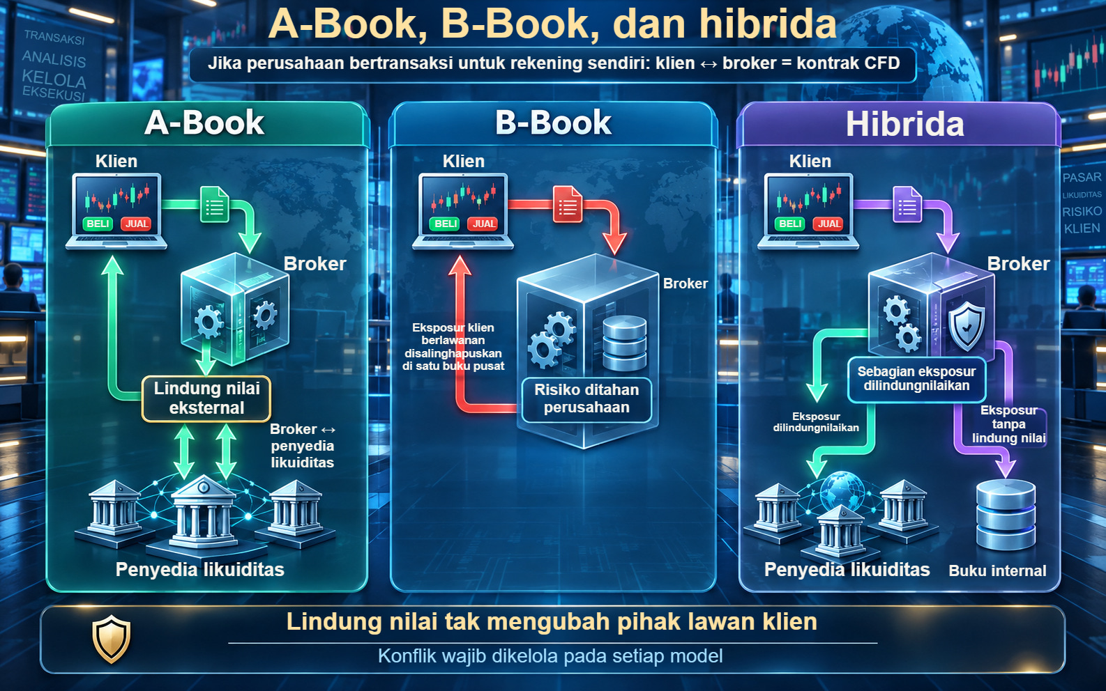 Klien membuat CFD dengan broker, yang dapat menahan eksposur, melindungnilaikannya di luar, atau menggabungkan keduanya.