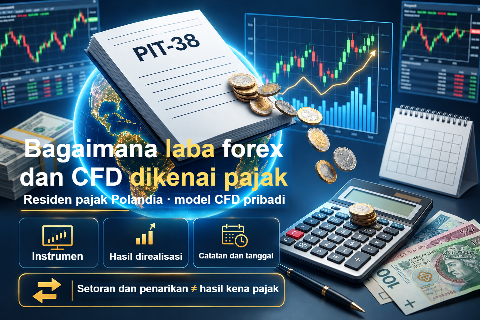 Dokumen, kalkulator dan layar trading yang mengidentifikasi instrumen, hasil direalisasi serta tanggal untuk contoh pajak CFD pribadi di Polandia.