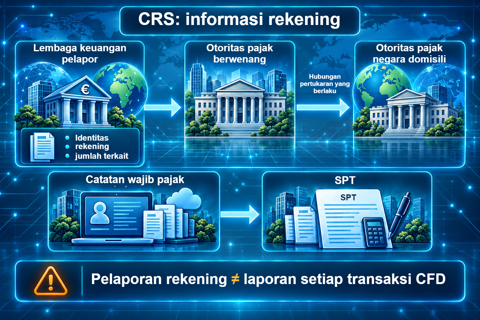 Lembaga pelapor dan dua administrasi pajak yang berwenang mempertukarkan informasi rekening yang tercakup melalui hubungan yang berlaku, di samping jalur terpisah untuk catatan wajib pajak.