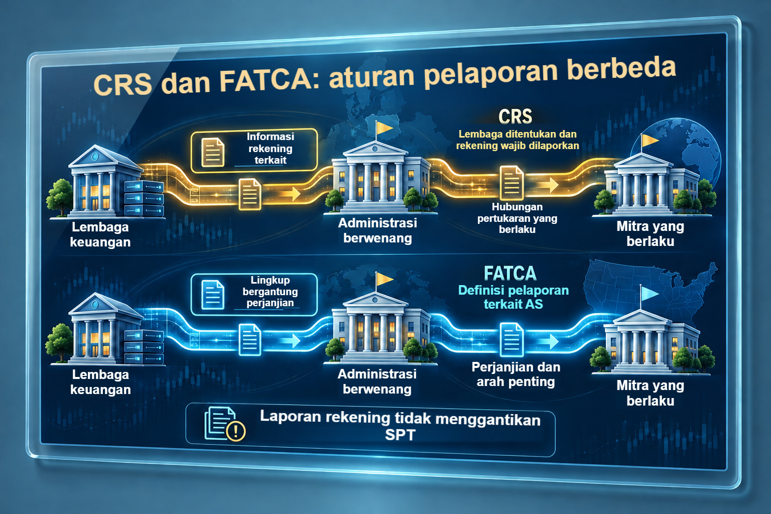 Jalur pelaporan CRS dan FATCA terkait AS yang terpisah, dengan definisi berbeda serta arah bergantung perjanjian.