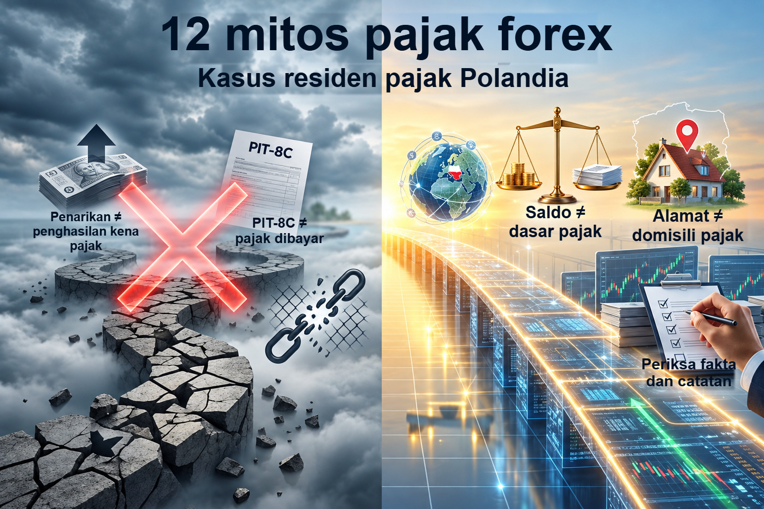 Empat perbedaan antara penarikan, pajak dibayar, saldo rekening dan domisili pajak, ditampilkan dalam komposisi terbagi mitos versus catatan.