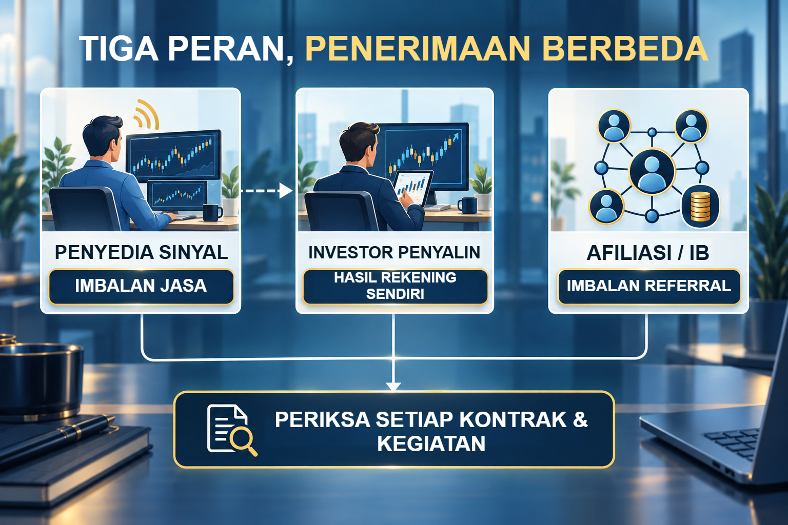 Penyedia sinyal, investor penyalin dan afiliasi menerima uang berdasarkan pengaturan hukum berbeda