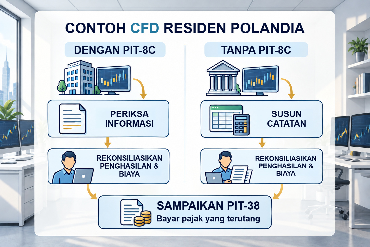 Dua jalur: periksa PIT-8C atau susun catatan, rekonsiliasi data, sampaikan PIT-38 dan bayar pajak terutang