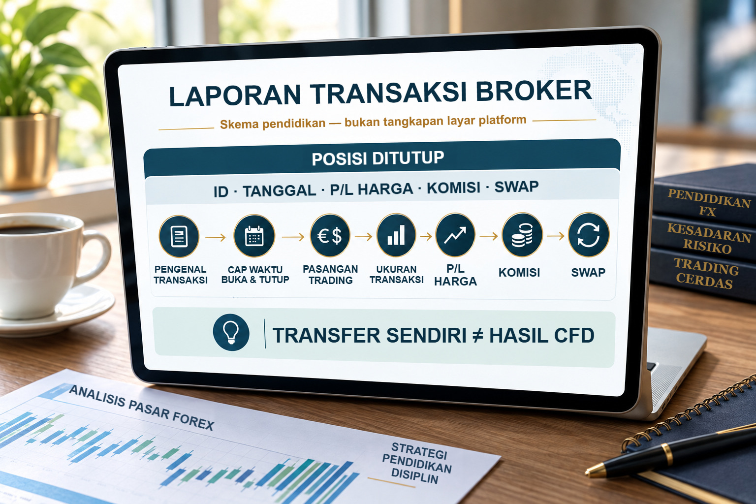 Skema laporan broker dengan transaksi ditutup, P/L harga, komisi terpisah dan pembiayaan