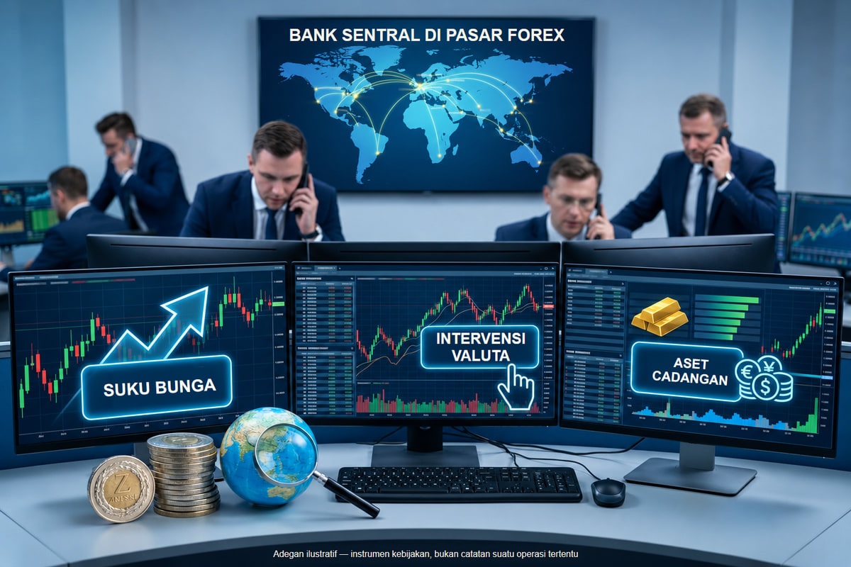 Bank sentral: suku bunga, intervensi, dan aset cadangan. Ilustrasi suku bunga, intervensi, dan aset cadangan sebagai mekanisme terpisah, bukan data pasar terkini.