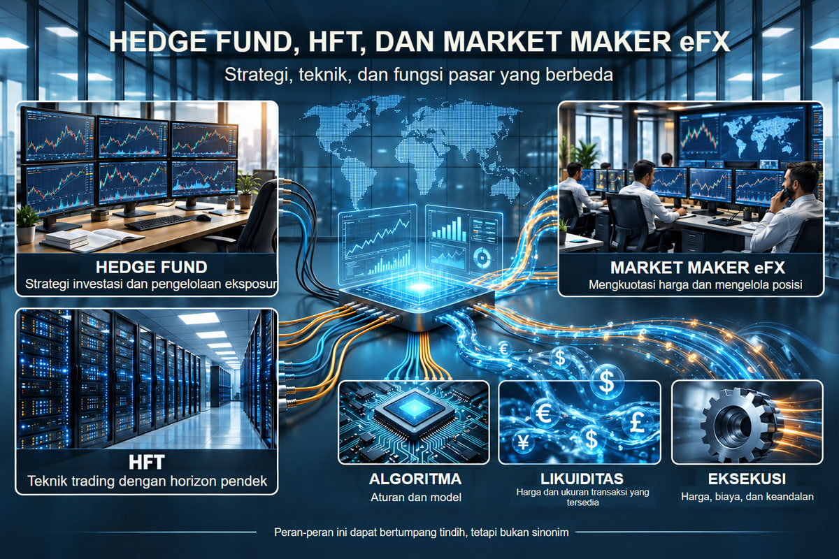 Strategi dana, teknik HFT, dan peran market maker. Strategi investasi, teknik HFT, dan peran market maker merupakan konsep berbeda. Ilustrasi tidak memuat data latensi yang diukur.