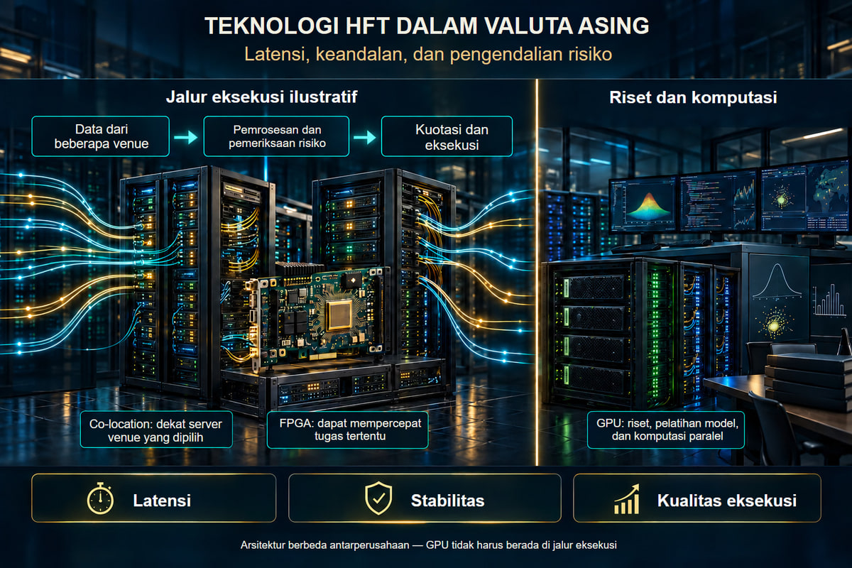Infrastruktur HFT ilustratif: kolokasi, FPGA, dan GPU. Arsitektur ilustratif. Kolokasi berkaitan dengan pusat perdagangan terpilih; penggunaan FPGA dan GPU bergantung pada tugas dan firma.