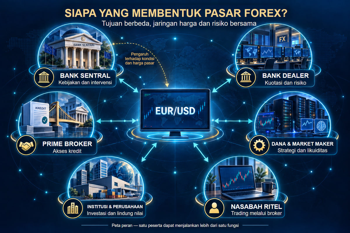 Jaringan peran dan hubungan pelaku Forex. Pelaku membentuk jaringan hubungan; tidak ada satu jalur order yang wajib.