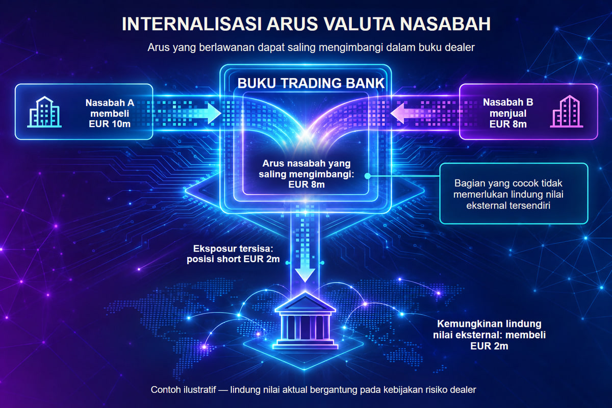 Arus nasabah yang berlawanan dan eksposur tersisa bank. Contoh ilustratif: menjual 10 juta EUR kepada nasabah dan membeli 8 juta EUR dari nasabah lain menyisakan posisi short bank 2 juta EUR. Hedging merupakan keputusan tersendiri.