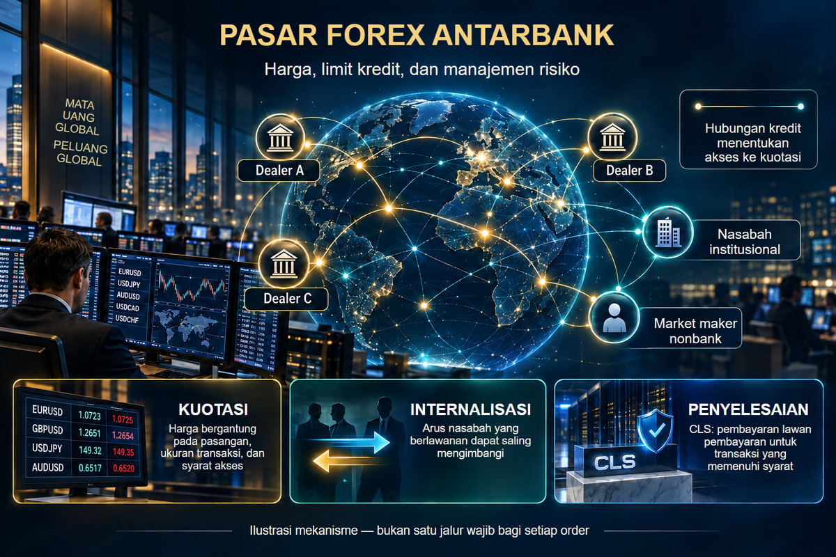 Dealer, limit kredit, dan proses penyelesaian tersendiri. Pemberian kuotasi, pengelolaan eksposur, dan penyelesaian adalah proses terpisah. Jaringan bersifat ilustratif.