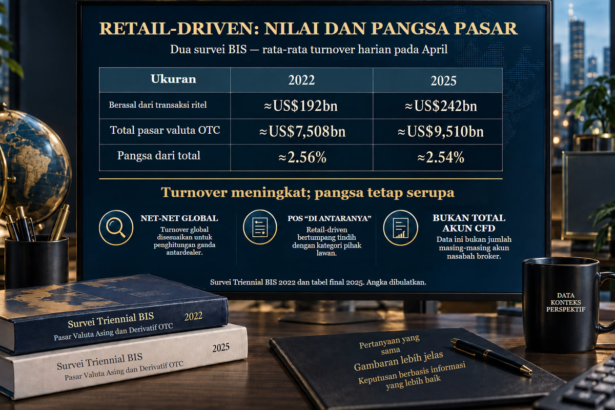 BIS: turnover OTC global dan kategori arus ritel yang bertumpang tindih. BIS: rata-rata turnover OTC harian pada April dengan basis net-net global. Arus ritel adalah item «di antaranya» yang bertumpang tindih, bukan kategori tambahan untuk dijumlahkan ke total.