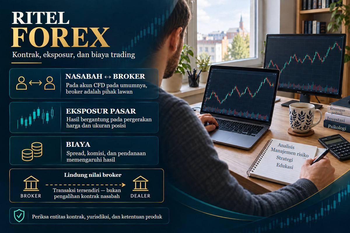 CFD ritel: kontrak broker, biaya, dan cakupan perlindungan. Model CFD ritel yang umum. Produk dan perlindungan klien bergantung pada entitas kontrak dan yurisdiksi.