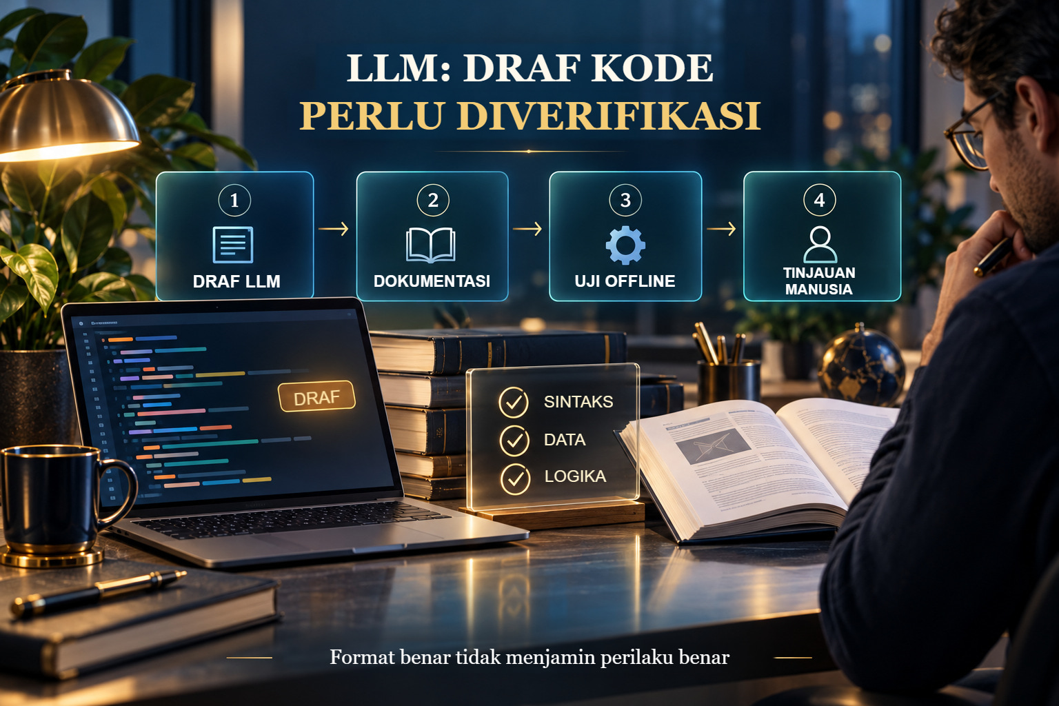 Validasi konseptual kode buatan LLM: draf, dokumentasi, uji offline, dan tinjauan manusia.