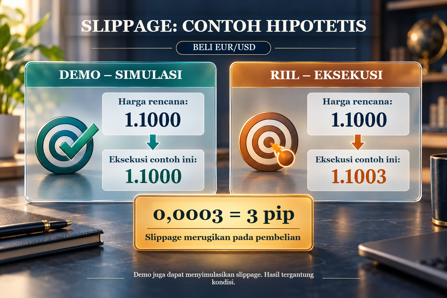Order beli EUR/USD hipotetis: harga acuan 1,1000 dan pengisian live 1,1003 berarti slippage merugikan 3 pip.