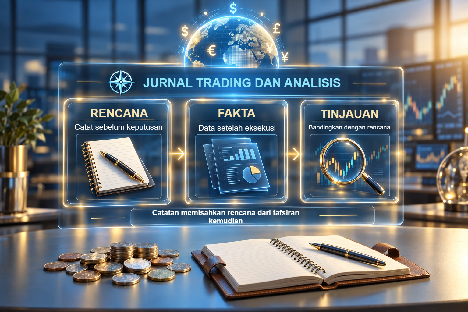 Adegan edukatif ilustratif tentang jurnal dan analisis.