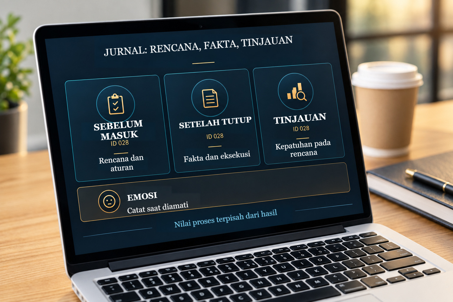 Jurnal proses ilustratif: kolom rencana sebelum entri, fakta setelah tutup dan tinjauan kemudian.