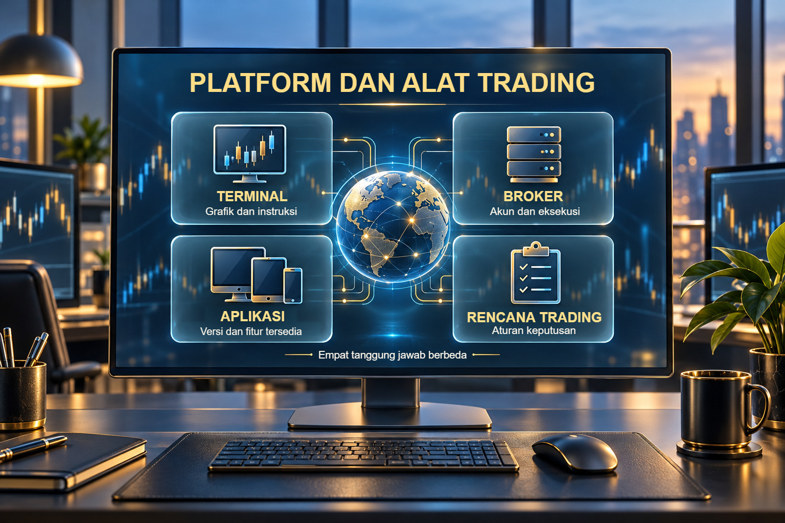 Ilustrasi konseptual empat tanggung jawab dalam perangkat kerja trader