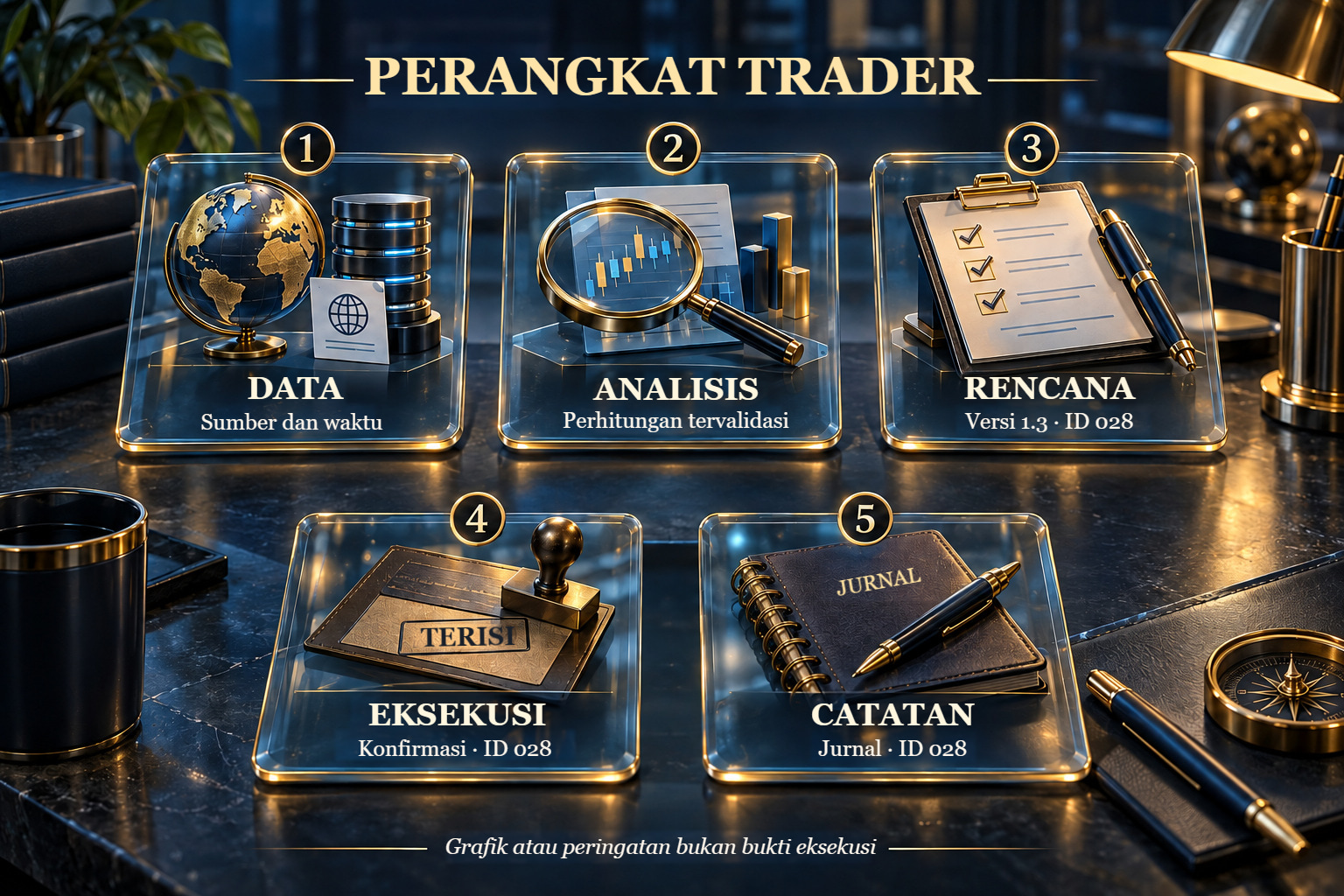 Konsep perangkat kerja trader: data, analisis, rencana, eksekusi, dan catatan yang dihubungkan satu pengenal keputusan.