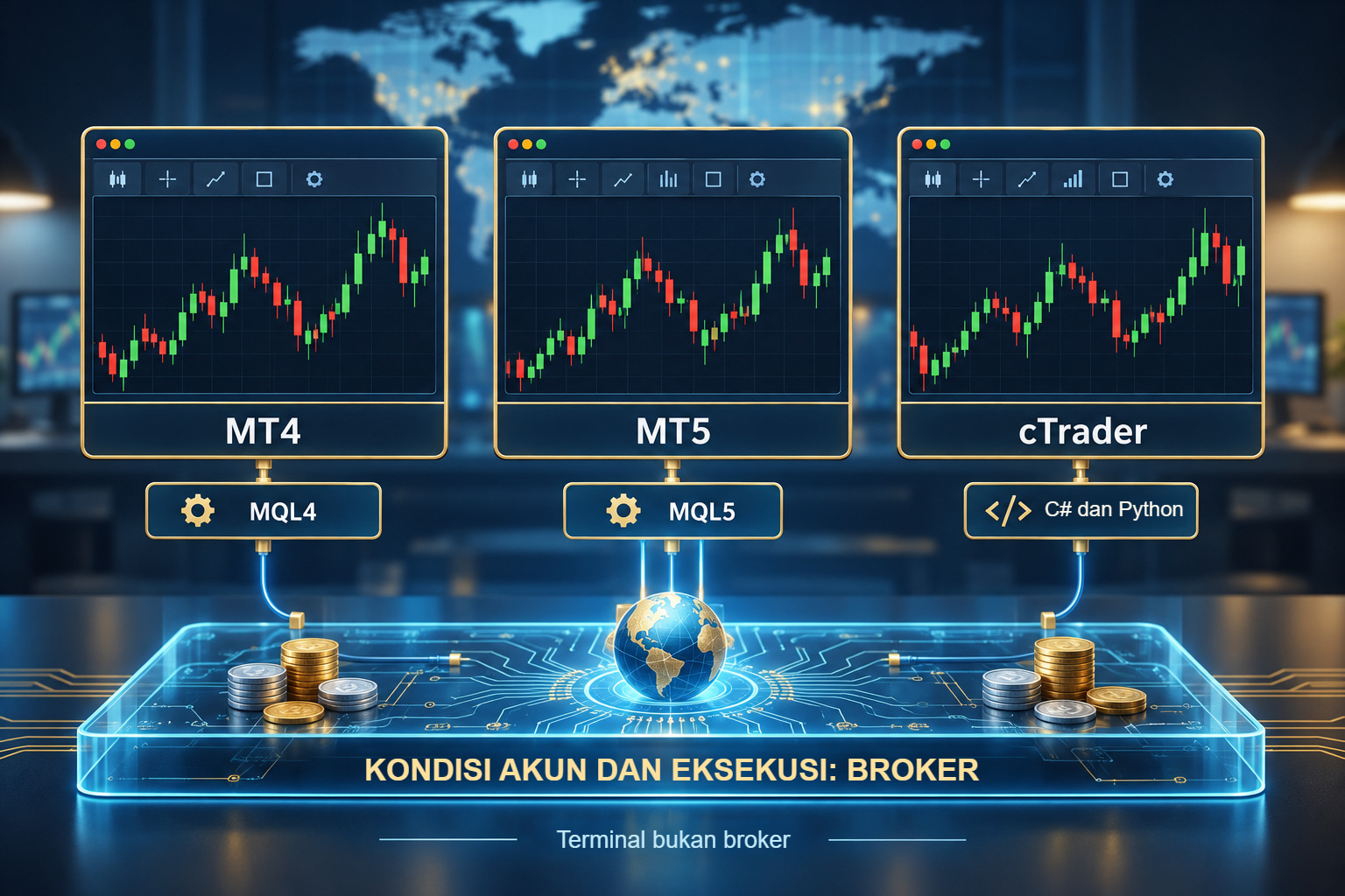 Ilustrasi konsep: ruang kerja platform: grafik, algoritme, jurnal