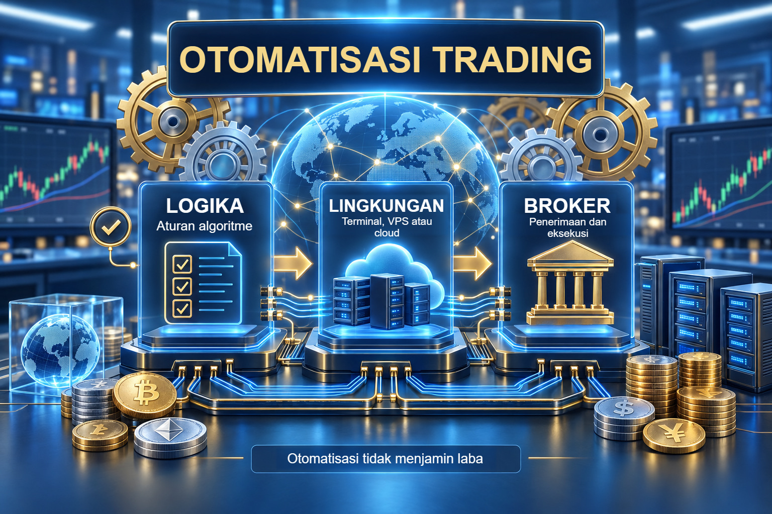 Adegan edukatif ilustratif tentang otomatisasi trading.