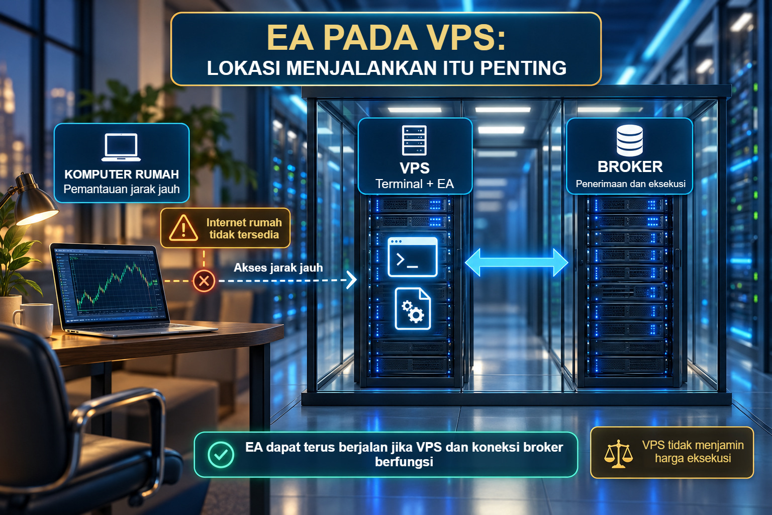 Arsitektur ilustratif: komputer pengelola, VPS yang menjalankan terminal dan EA, serta server trading broker.