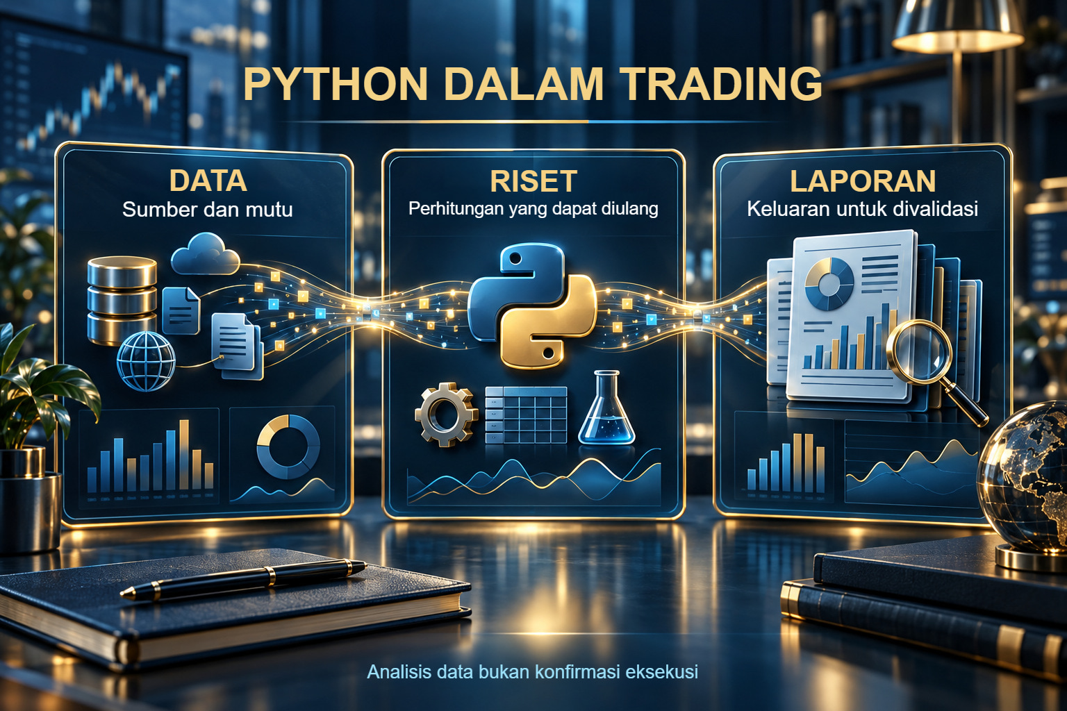Ilustrasi konseptual data pasar, kode Python, dan laporan validasi