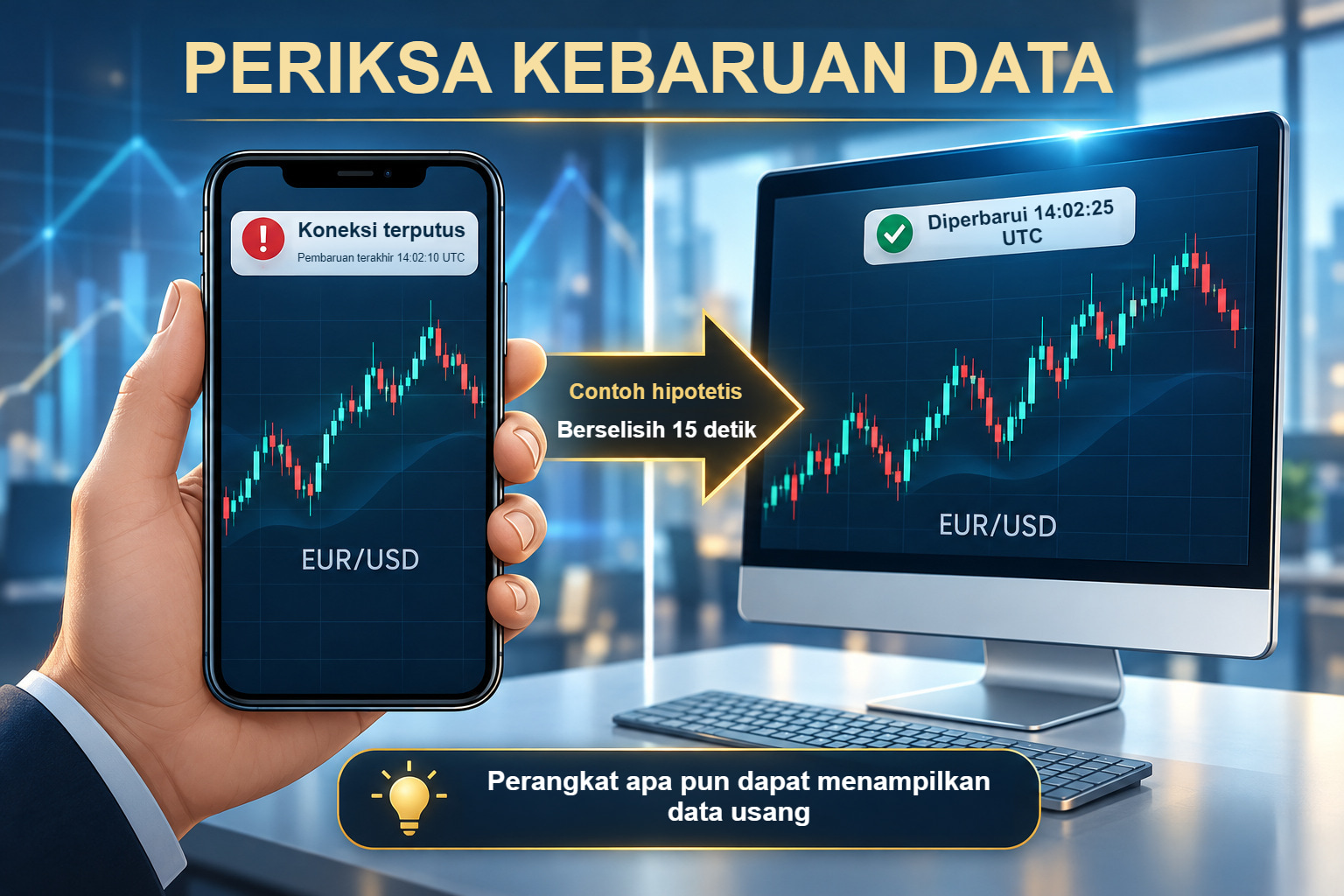 Perbandingan ilustratif kuotasi ponsel yang usang dengan tampilan akun yang sama pada monitor yang lebih baru diperbarui. Harga dan cap waktu bersifat hipotetis.