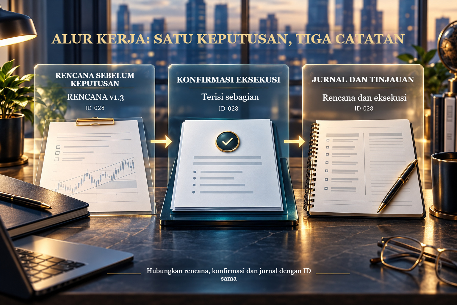 Alur kerja konseptual trader: rencana sebelum keputusan, konfirmasi eksekusi, dan catatan tinjauan yang terhubung oleh pengenal 028.