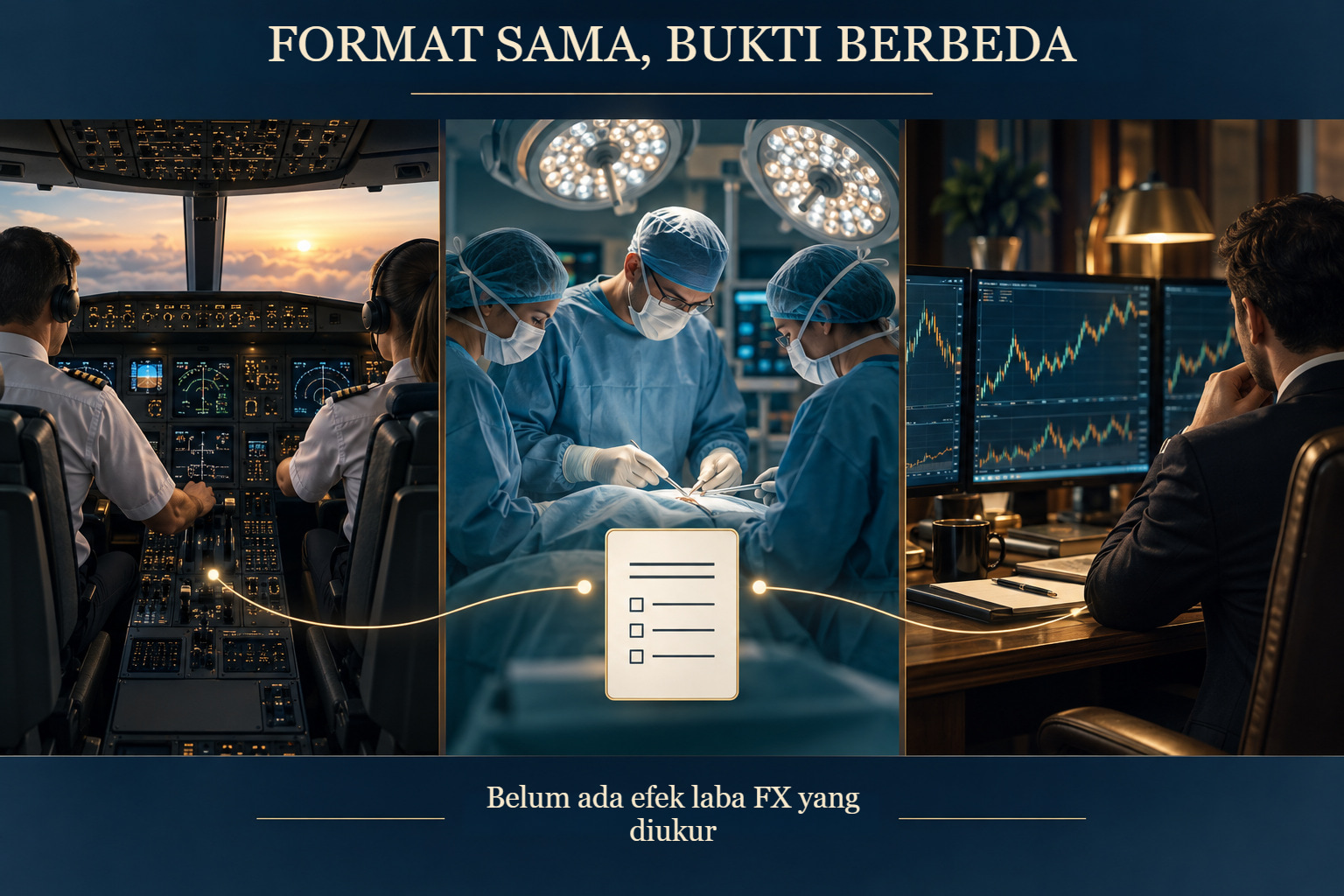 Tiga lingkungan prosedur yang berbeda: penerbangan, bedah, dan trading individu.
