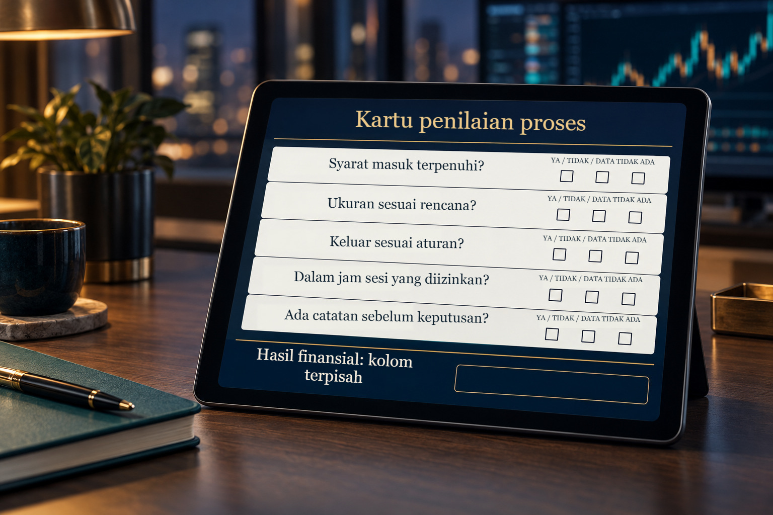 Lima kriteria proses yang dapat diamati dengan jawaban ya, tidak, atau data tidak tersedia; hasil finansial dicatat secara terpisah.