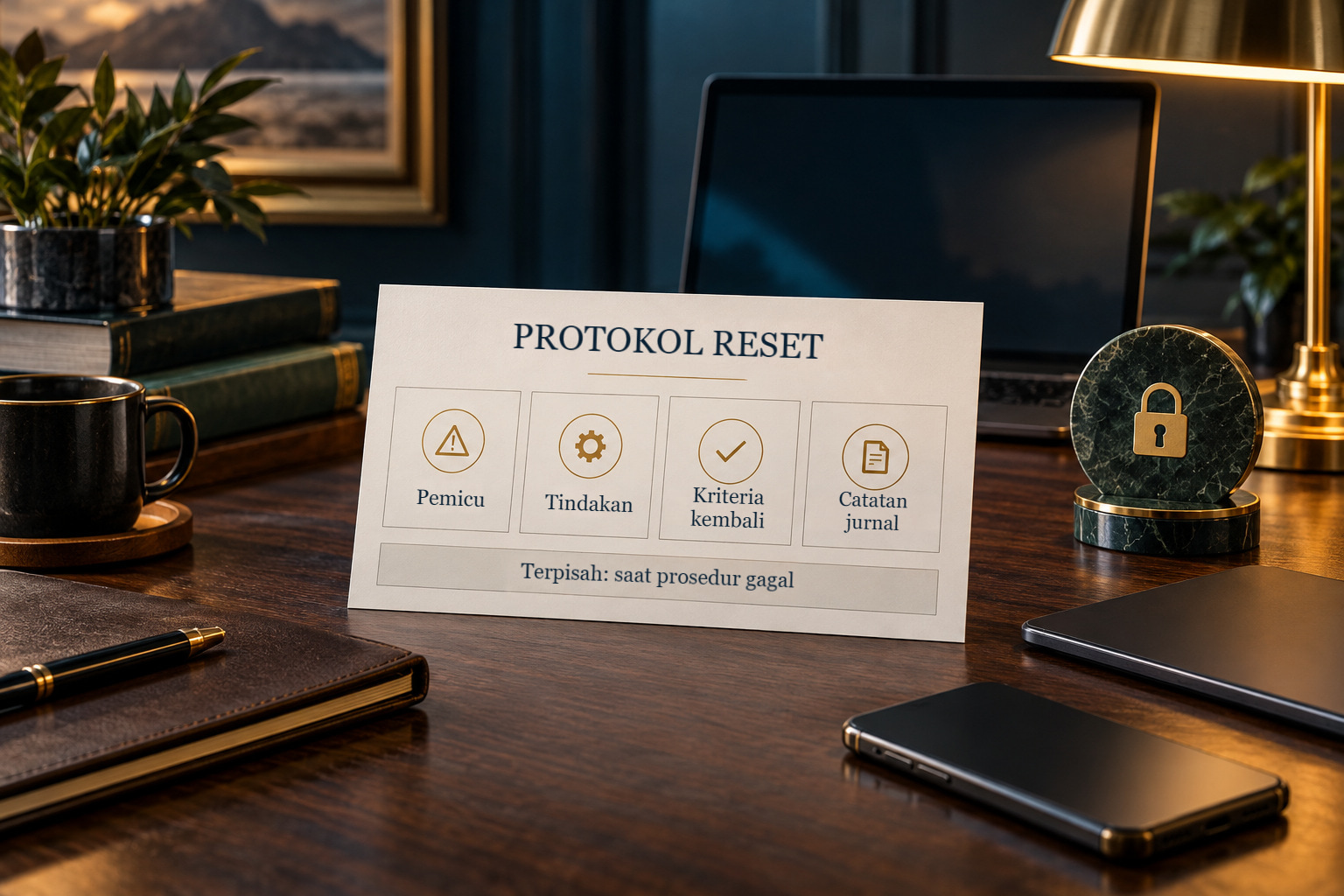 Kartu protokol reset di meja: pemicu, tindakan, kriteria kembali, dan catatan jurnal, dengan kolom terpisah untuk menilai kegagalan.