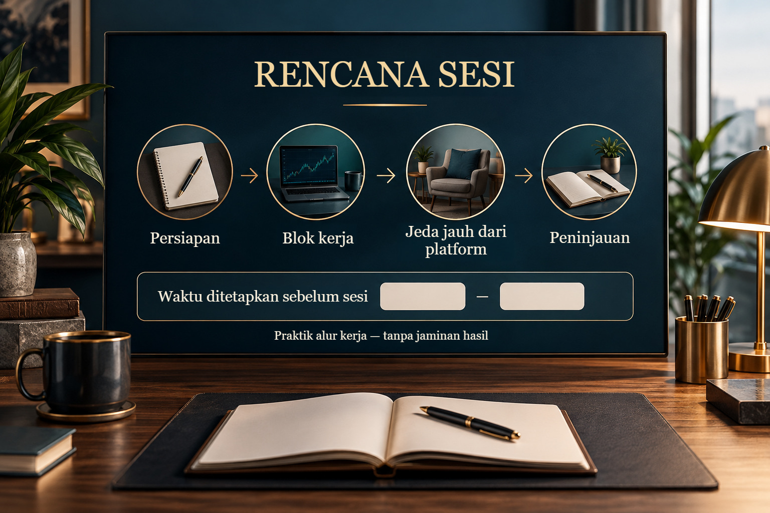 Rencana sesi di meja: persiapan, kerja, jeda jauh dari platform, dan peninjauan, dengan ruang kosong untuk waktu.