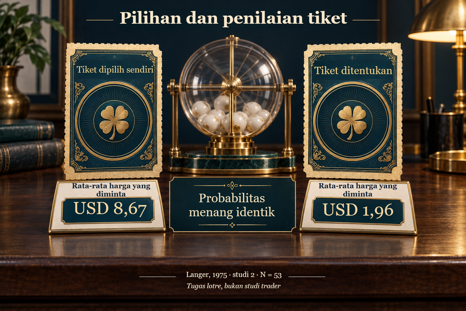 Tiket yang dipilih dan yang ditentukan. Rata-rata harga jual kembali yang diminta dalam Langer (1975), studi 2: USD 8,67 dan USD 1,96. Probabilitas menang identik.