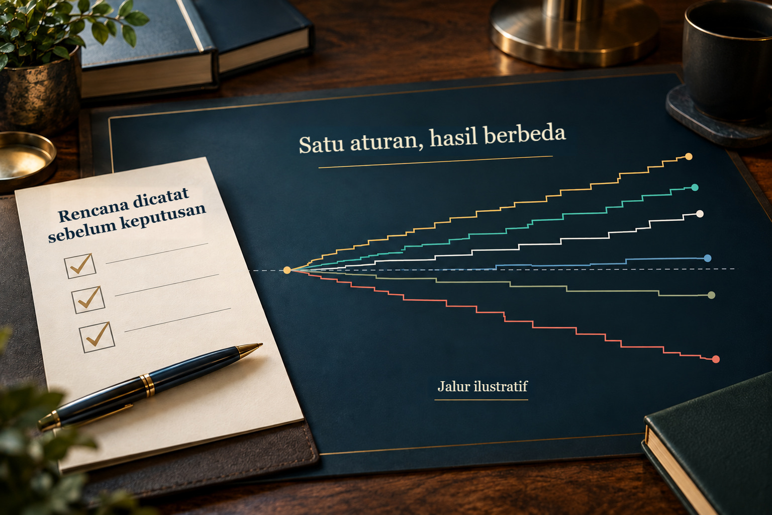 Rencana yang dicatat sebelum keputusan dan jalur hasil ilustratif yang menyebar; rencana yang sama tidak menjamin satu hasil tertentu.