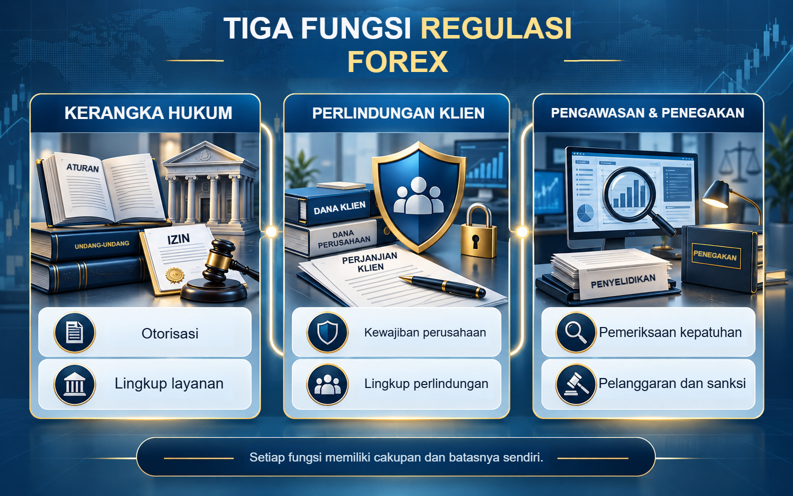 Tiga fungsi regulasi yang berbeda: kerangka hukum, perlindungan klien spesifik, dan penegakan oleh pengawas.
