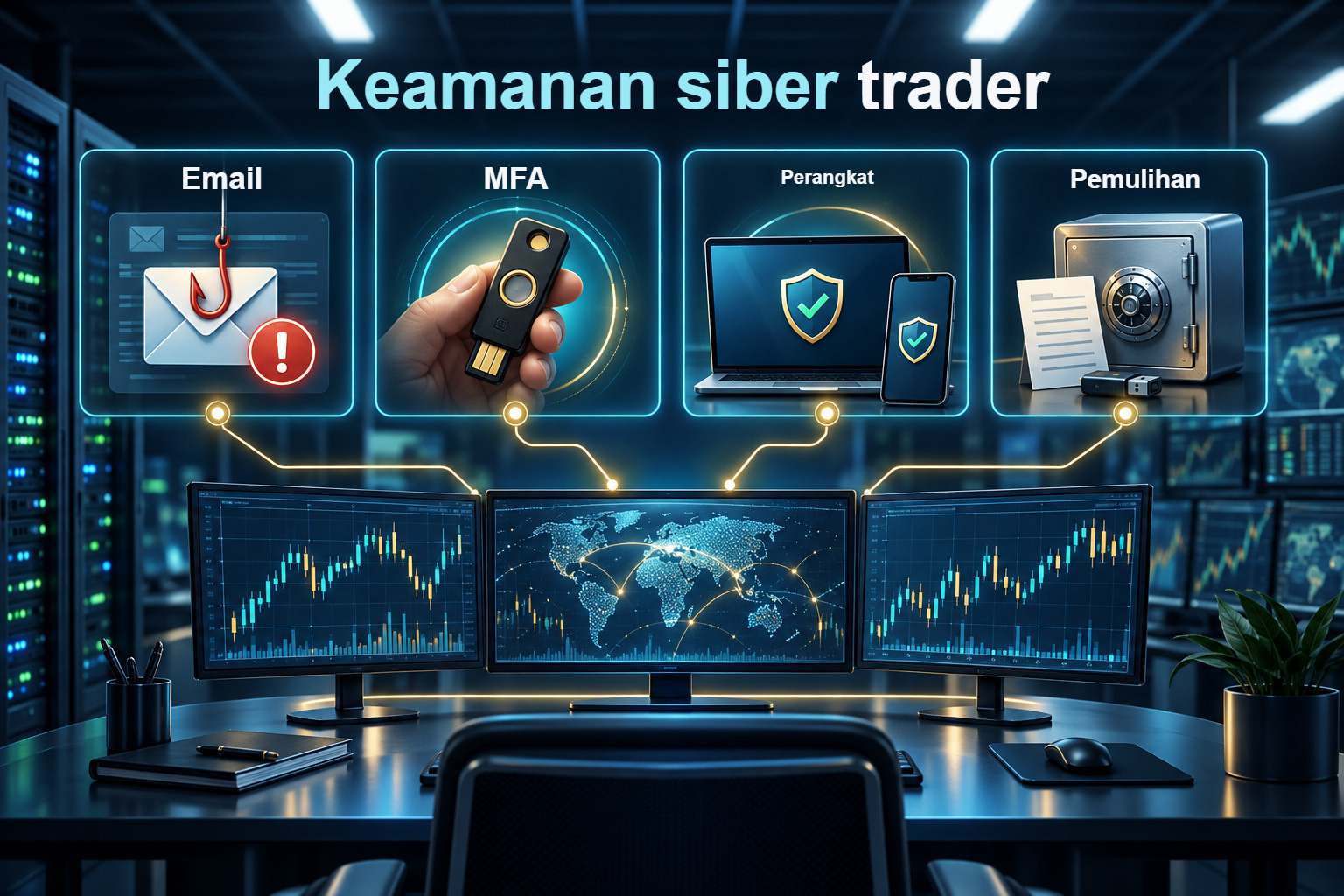 Lapisan keamanan siber trader: email, autentikasi multifaktor, perangkat, dan pemulihan akun.