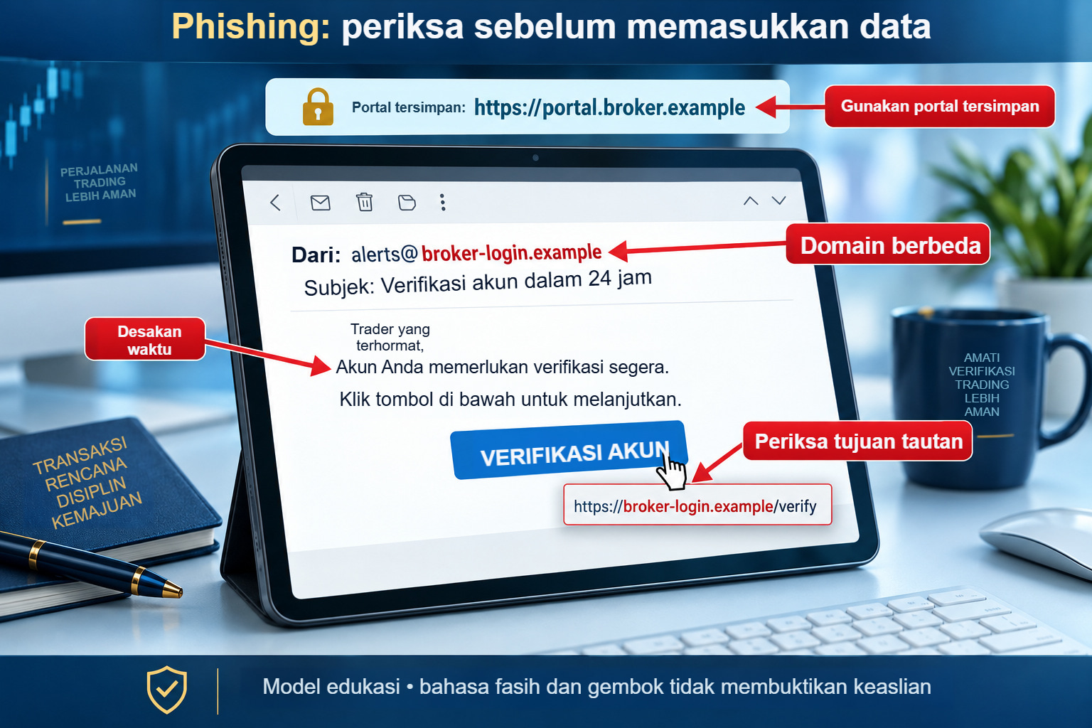 Contoh email phishing: urgensi, domain berbeda dari portal tersimpan, dan pemeriksaan tujuan tautan.